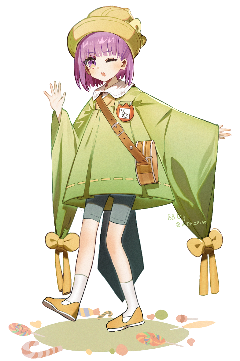 1girl, ;o, bag, bow, candy, candy_cane, character_name, commentary