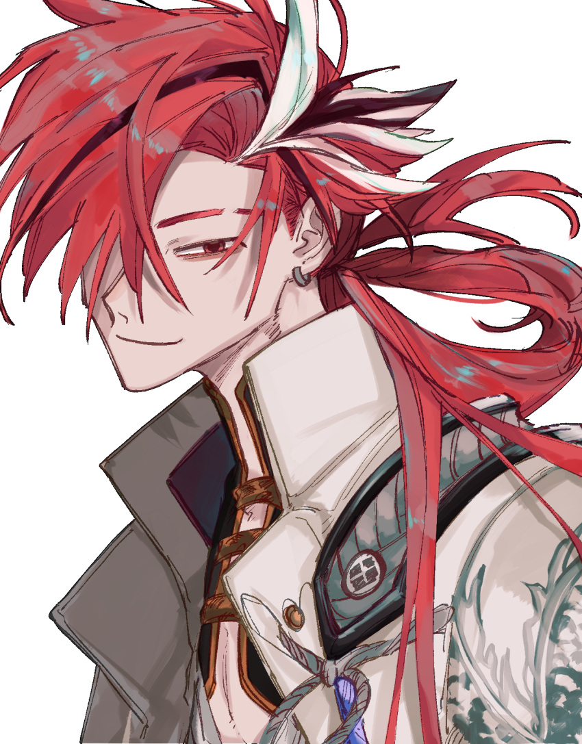 1boy, closed_mouth, commentary_request, curtained_hair, earrings, eyebrow_cut, facing_viewer, fate/grand_order, fate_(series), hair_behind_ear, hair_over_one_eye, highres, japanese_clothes, jewelry, light_smile, long_hair, looking_at_viewer, male_focus, mashiro_ddsk, multicolored_hair, one_eye_covered, redhead, simple_background, single_hair_ring, solo, streaked_hair, takasugi_shinsaku_(fate), upper_body, white_background