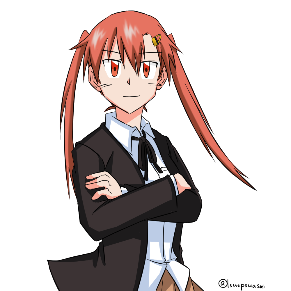 bellwall_school_uniform, black_jacket, black_ribbon, collared_shirt, crossed_arms, girls_und_panzer, girls_und_panzer_little_army, jacket, long_hair, lsuepsuasmi, nakasuga_emi, orange_eyes, orange_hair, redhead, ribbon, school_uniform, shirt, twintails, white_shirt