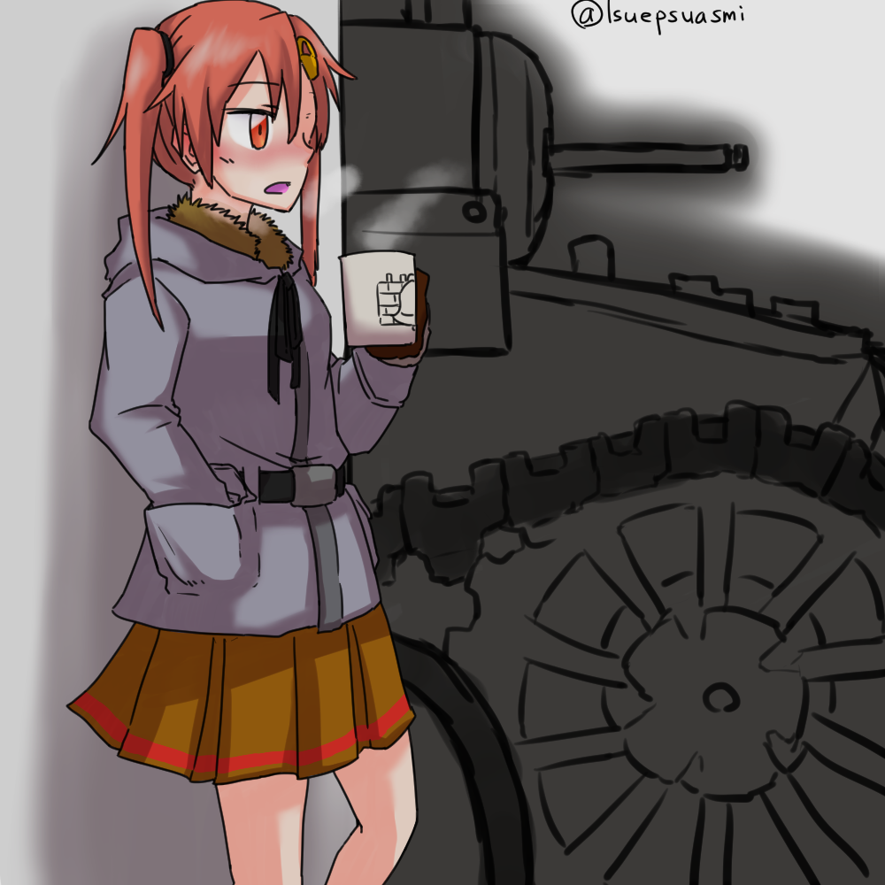 brown_skirt, coffee_mug, cup, girls_und_panzer, girls_und_panzer_little_army, grey_jacket, holding, holding_cup