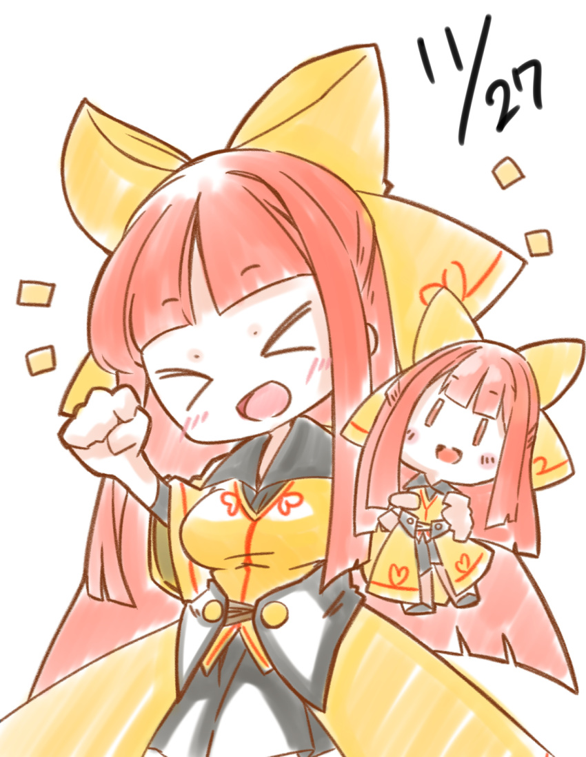 >_<, 1girl, blush, bow, chiyoganemaru_(tenka_hyakken), clenched_hand, commentary_request, dated