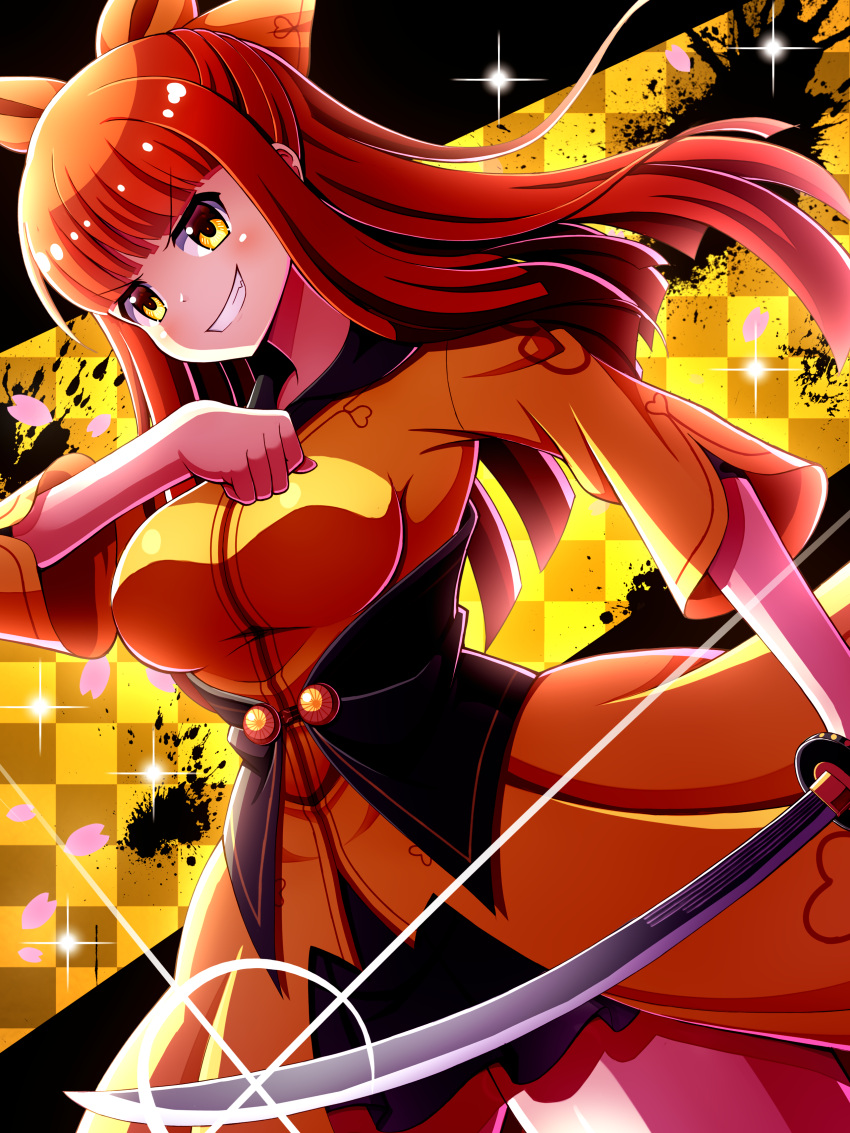 1girl, absurdres, bow, checkered_background, chiyoganemaru_(tenka_hyakken), commentary_request, floating_hair, hand_up