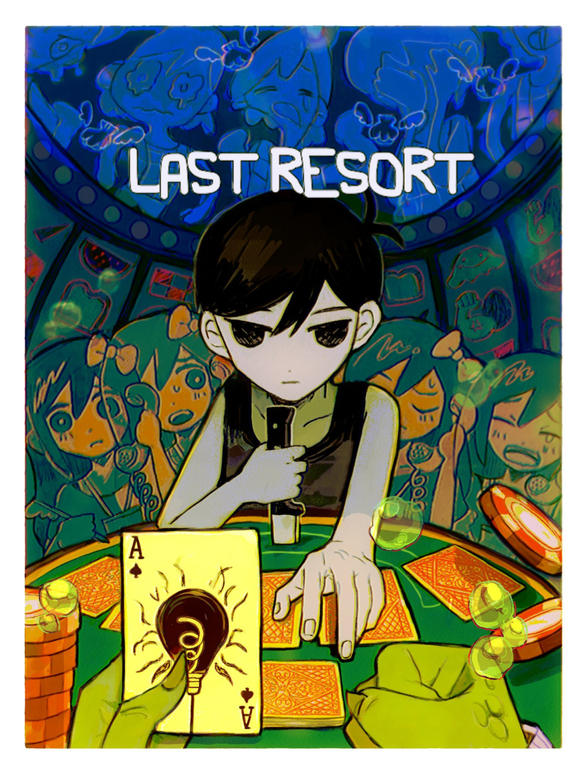 1girl, 3boys, air_bubble, aubrey_(headspace)_(omori), aubrey_(omori), black_eyes, black_hair, border