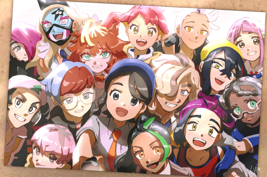 6+boys, 6+girls, :d, :p, ahoge, amarys_(pokemon), arched_bangs, arven_(pokemon), atticus_(pokemon), black_eyes, black_hair, black_jacket, blonde_hair, bright_pupils, brown_eyes, brown_hair, carmine_(pokemon), closed_mouth, collared_shirt, commentary_request, crispin_(pokemon), crossed_bangs, drayton_(pokemon), eri_(pokemon), eyelashes, giacomo_(pokemon), glasses, green_eyes, grey_eyes, grin, hair_between_eyes, hair_over_one_eye, hairband, hat, highres, jacket, juliana_(pokemon), kieran_(pokemon), lacey_(pokemon), mela_(pokemon), multicolored_hair, multiple_boys, multiple_girls, necktie, nemona_(pokemon), open_mouth, orange_necktie, ortega_(pokemon), penny_(pokemon), pink_hair, pokemon, pokemon_sv, purple_hair, ramu_(touko0zero), round_eyewear, selfie, semi-rimless_eyewear, shirt, short_hair, short_sleeves, smile, team_star, teeth, tongue, tongue_out, two-tone_hair, upper_teeth_only, vest, white_hair, white_pupils, white_shirt, yellow_eyes, yellow_hairband, yellow_vest