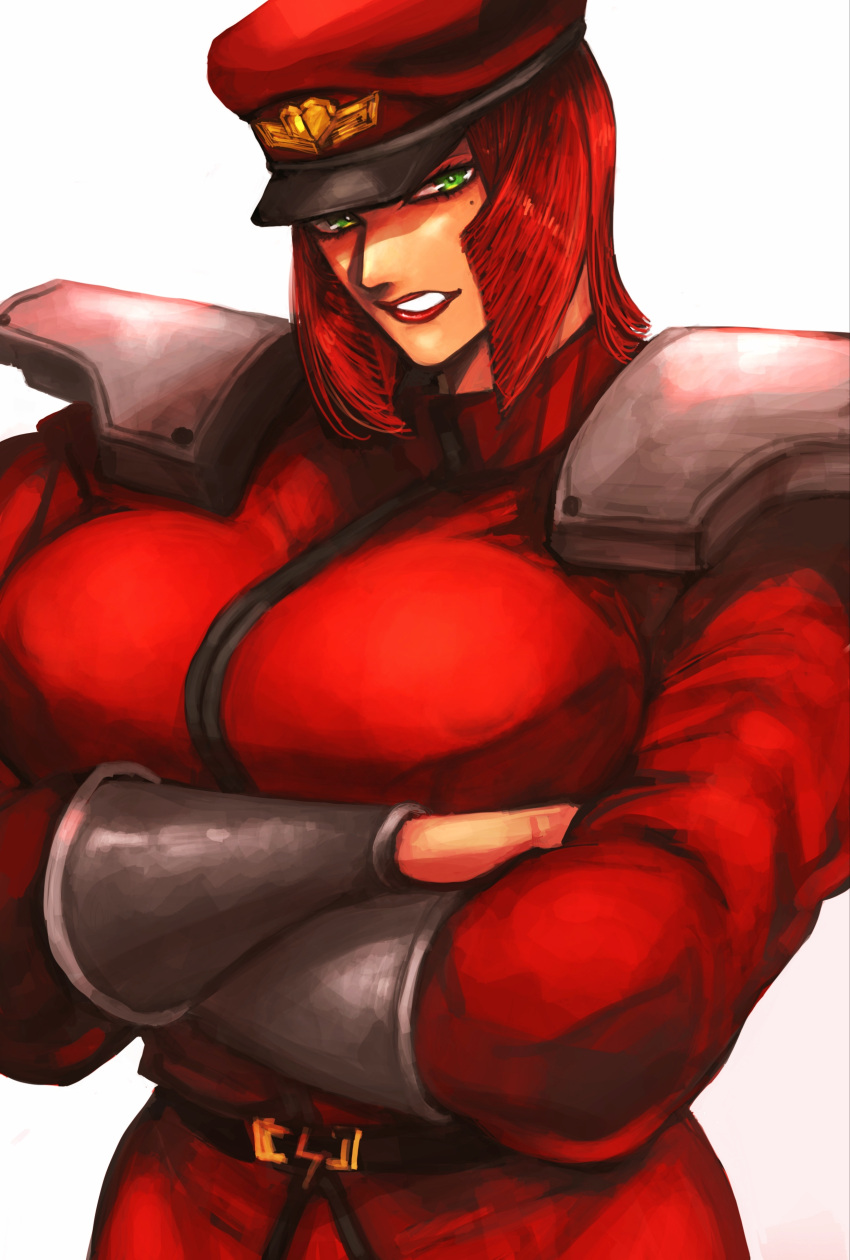 1girl, absurdres, belt, black_belt, bracer, breasts, cosplay, crossed_arms, green_eyes, hat, highres, large_breasts, lightning_bolt_symbol, m._bison, m._bison_(cosplay), marisa_(street_fighter), mole, mole_under_eye, muscular, muscular_female, peaked_cap, shoulder_pads, solo, street_fighter, street_fighter_6, white_background, zuman_(zmnjo1440)