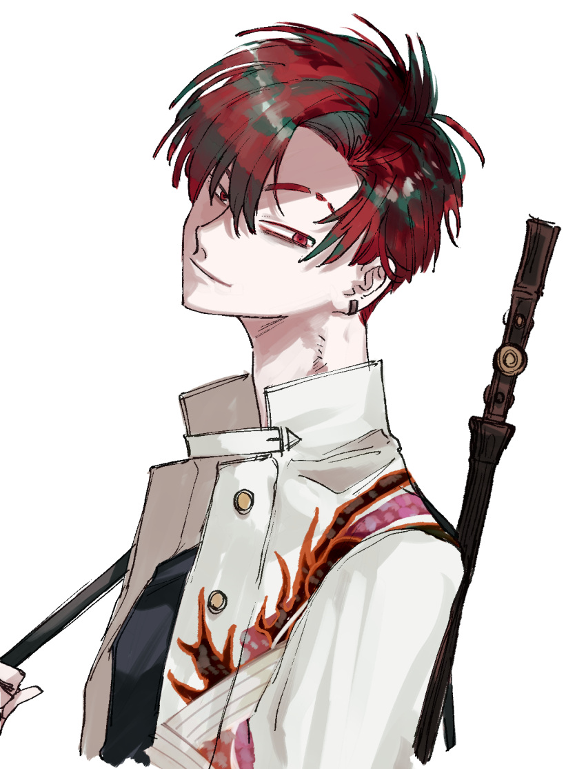 1boy, closed_mouth, commentary_request, cropped_torso, curtained_hair, earrings, eyebrow_cut, facing_up