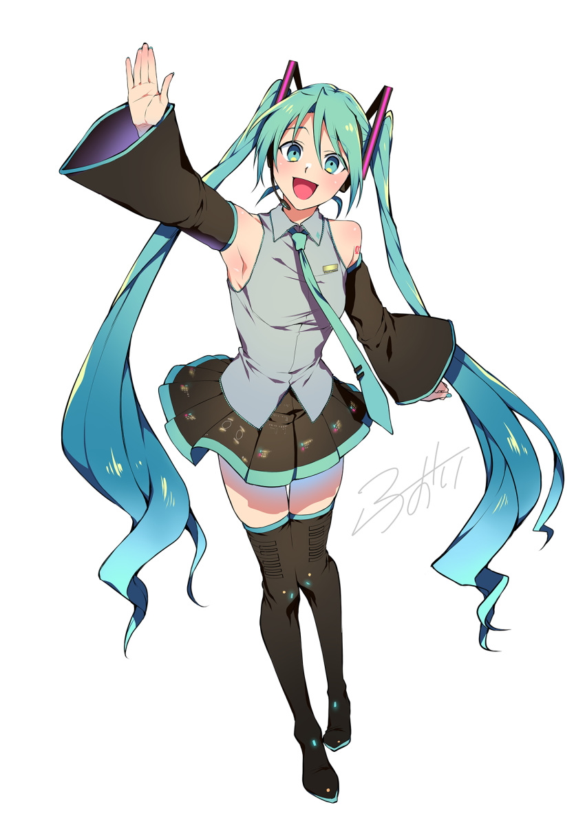 1girl, amamfoy, aqua_eyes, aqua_hair, aqua_necktie, arm_up, armpits, breasts