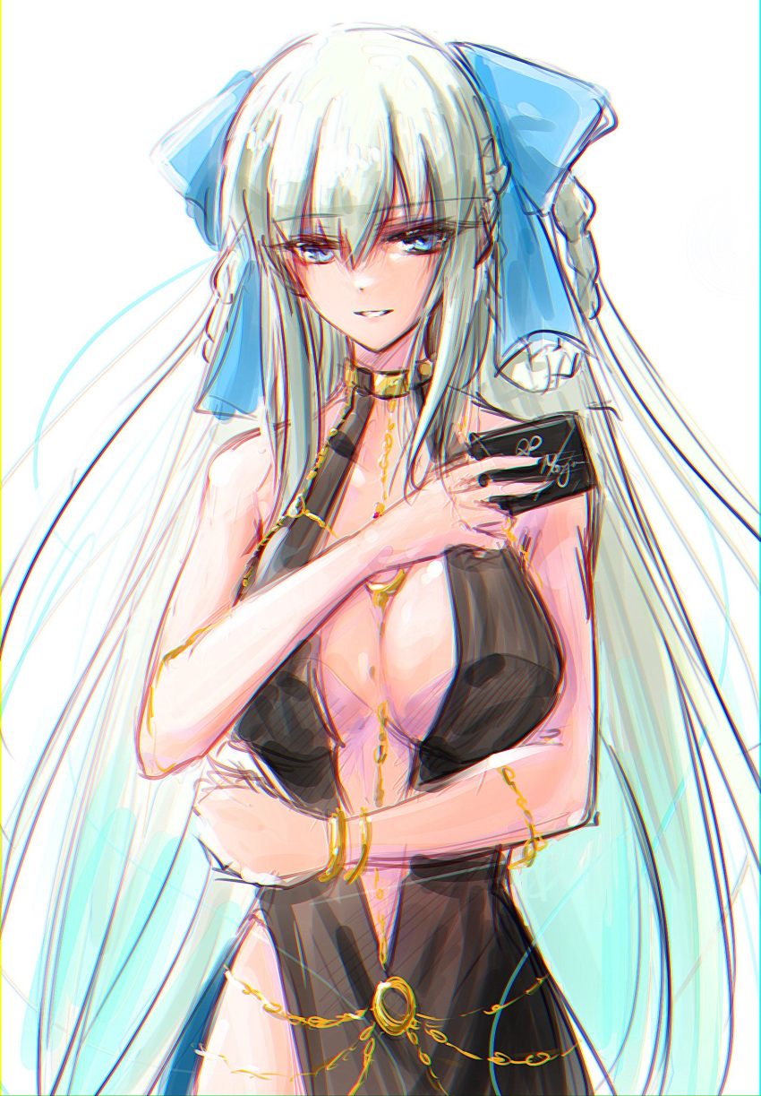bb_dubai_(fate), black_dress, blue_ribbon, braid, chain, dress, fate/grand_order, fate_(series)