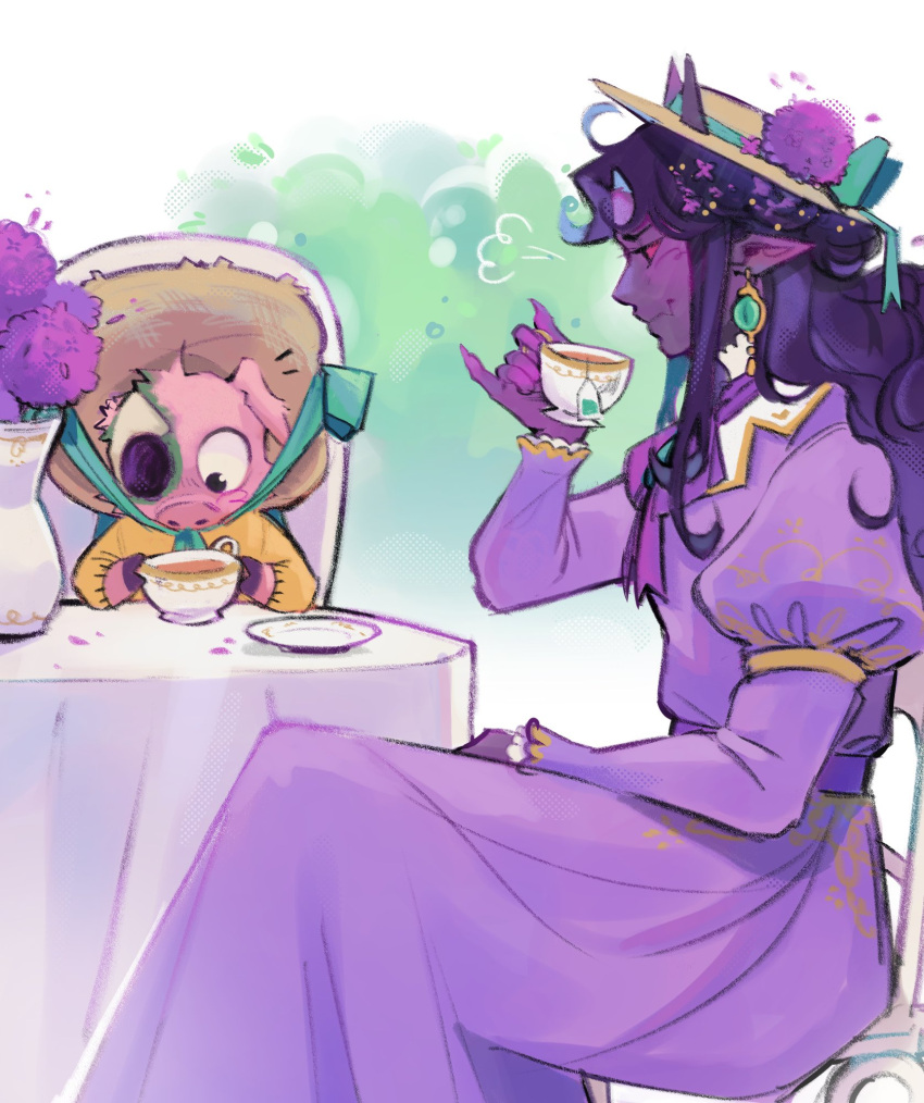 1boy, 1girl, allium_(flower), animal_ears, black_hair, black_skin, child, colored_skin