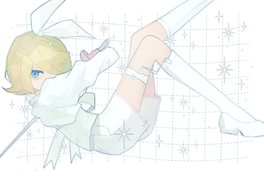 1girl, blonde_hair, bow, grid_background, hair_bow, hair_ornament, hair_over_one_eye, hairclip