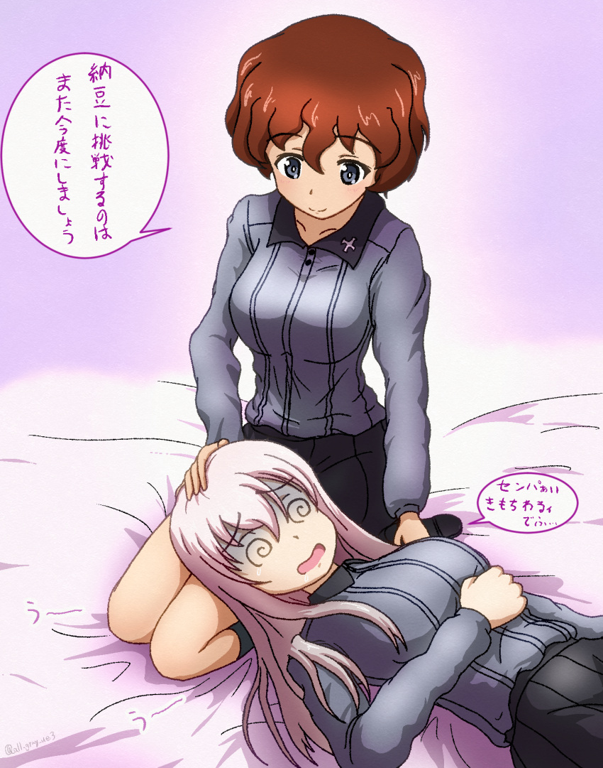 akaboshi_koume, black_skirt, breasts, brown_hair, commentary_request, dizzy, girls_und_panzer, girls_und_panzer_little_army