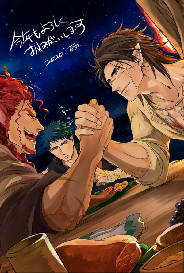 3boys, animal_ears, arm_wrestling, bandaged_arm, bandages, blue_hair, dark-skinned_male, dark_skin