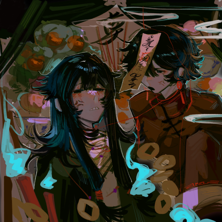 2boys, absurdres, anger_vein, black_eyes, black_hair, black_jacket, chinese_commentary, chinese_text