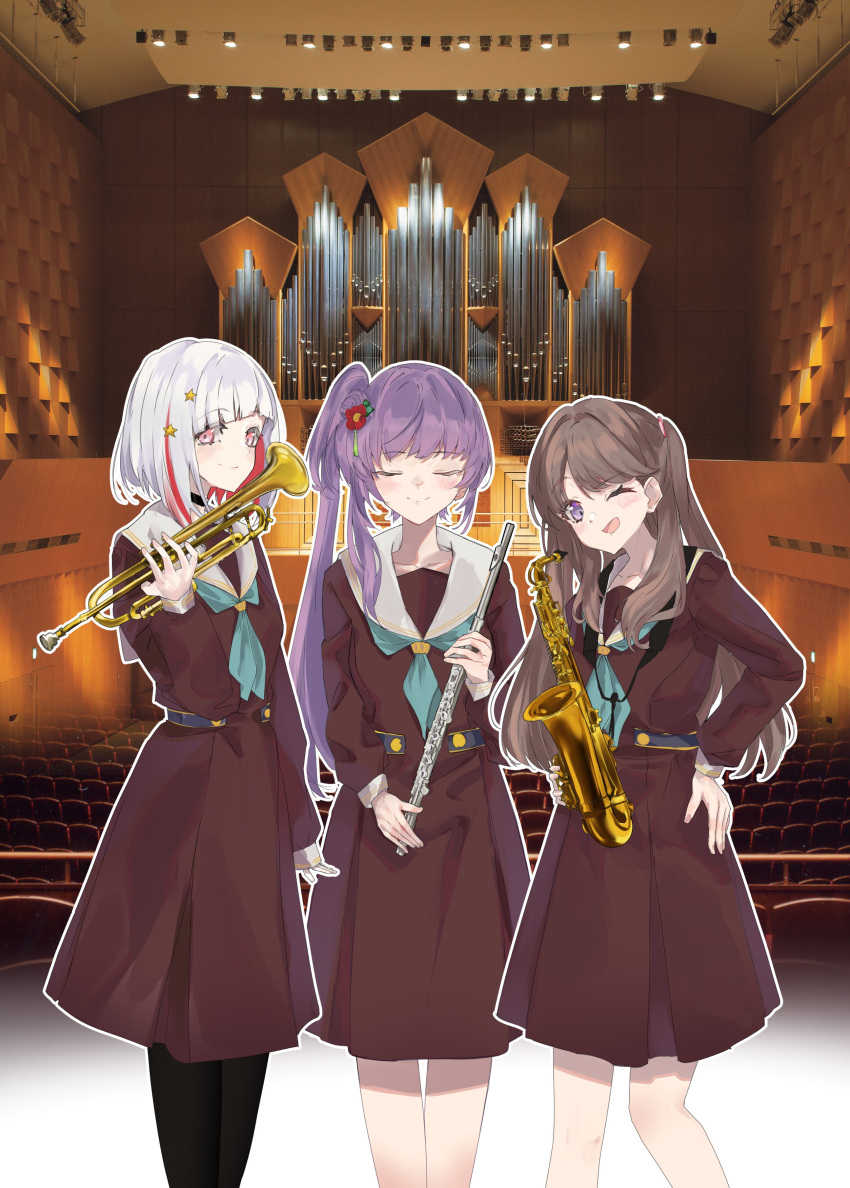 3girls, ;d, absurdres, aqua_neckerchief, black_choker, black_pantyhose, bob_cut, brown_dress