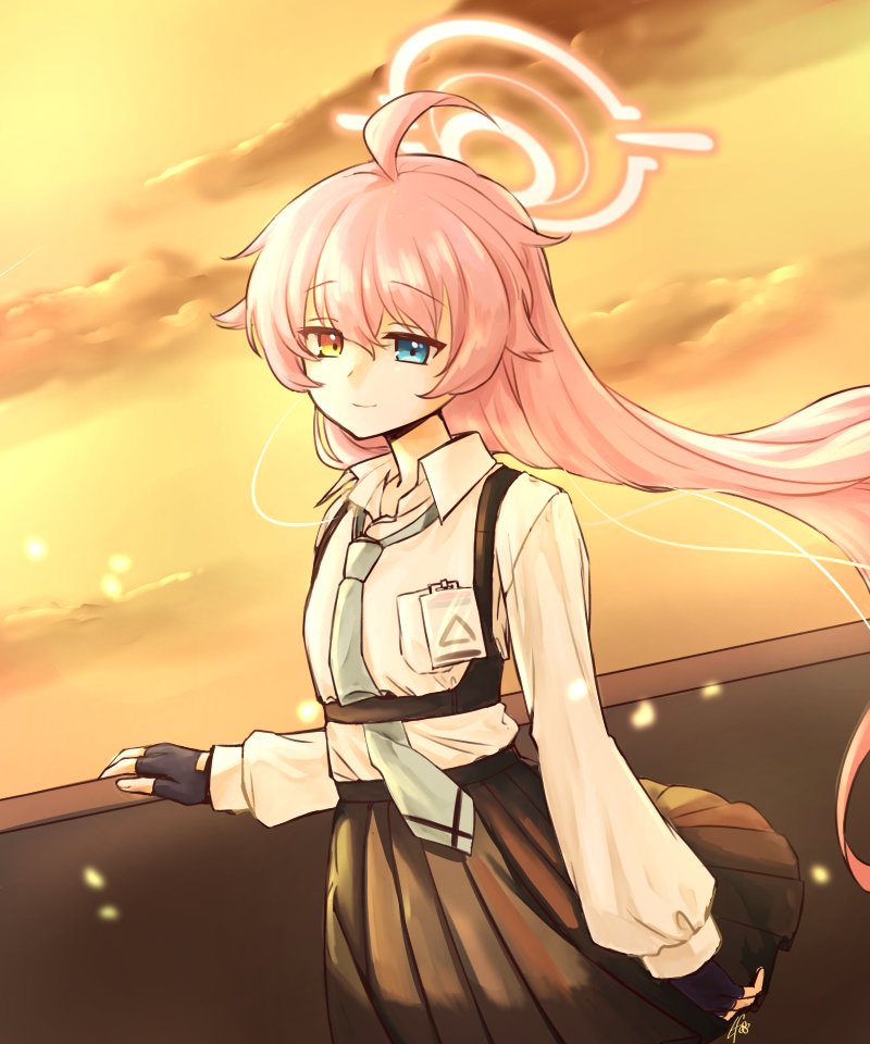 1girl, ahoge, black_gloves, black_skirt, blue_archive, blue_eyes, blue_necktie, chest_harness