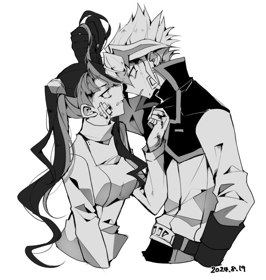 1boy, 1girl, akaba_rei, dated, gloves, grabbing_another's_hair, greyscale, highres, long_hair, monochrome, short_hair, simple_background, spiky_hair, teketeke_(tasutekete), twintails, upper_body, white_background, yu-gi-oh!, yu-gi-oh!_arc-v, zarc