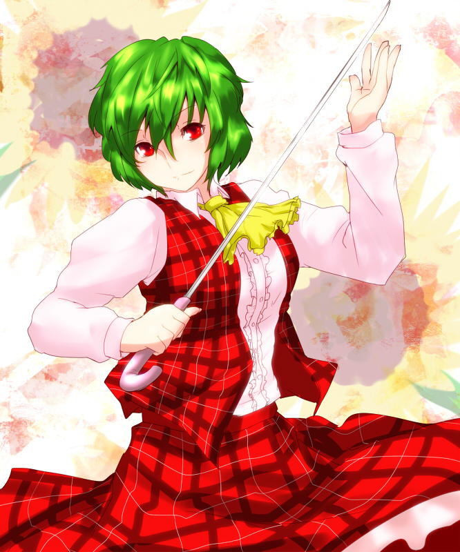ascot, cane_sword, green_hair, kazami_yuuka, plaid, plaid_skirt, plaid_vest, red_eyes