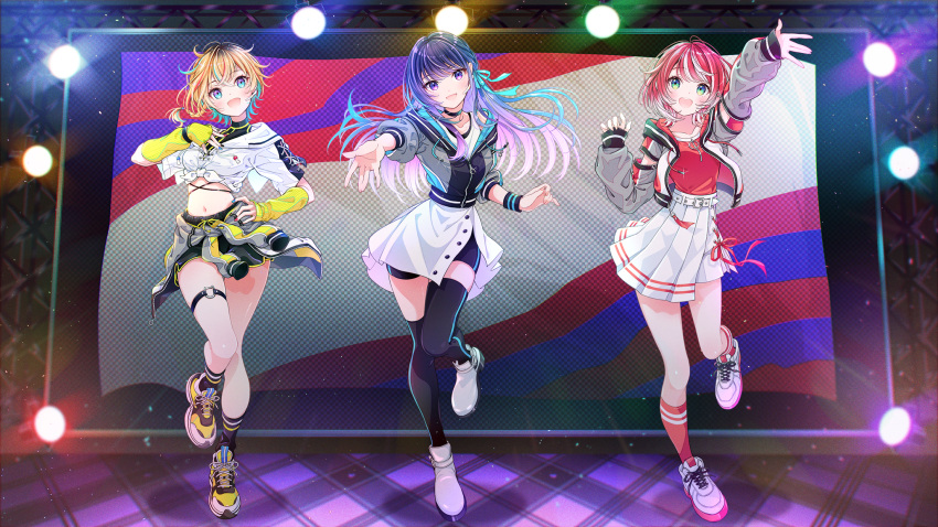 3girls, blonde_hair, blue_eyes, blue_hair, gradient_hair, hair_ribbon, highres, idolmaster