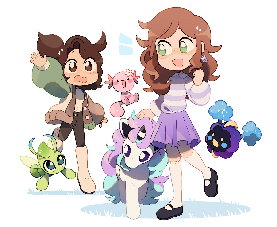 2girls, alternate_color, animal, black_footwear, boots, brown_eyes, brown_hair, cardigan