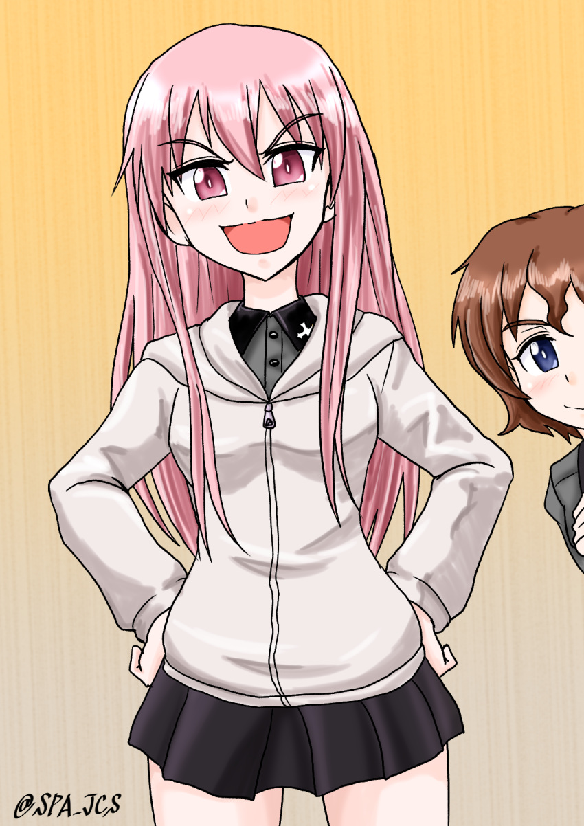 2girls, akaboshi_koume, artist_name, black_eyes, black_skirt, blush, breasts, frown, girls_und_panzer, girls_und_panzer_little_army, grey_shirt, highres, hood, hoodie, kuromorimine_military_uniform, long_hair, looking_at_viewer, miniskirt, multiple_girls, nspa_(spa-jcs), pink_eyes, pink_hair, sheska_(girls_und_panzer), shirt, skirt, smug, twitter_username, white_hoodie