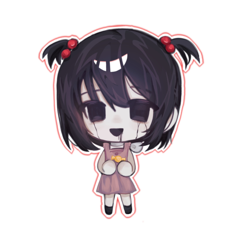1girl, black_eyes, black_footwear, black_hair, chibi, chibi_only, chinese_commentary, commentary_request