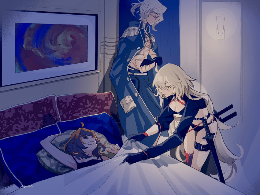 1boy, 2girls, ahoge, bikini, black_bikini, black_gloves, closed_eyes, coat