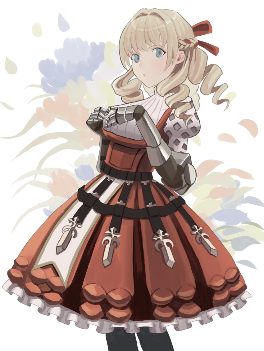 1girl, blue_eyes, commentary_request, dangouo_ty, dress, drill_hair, floral_background, gauntlets
