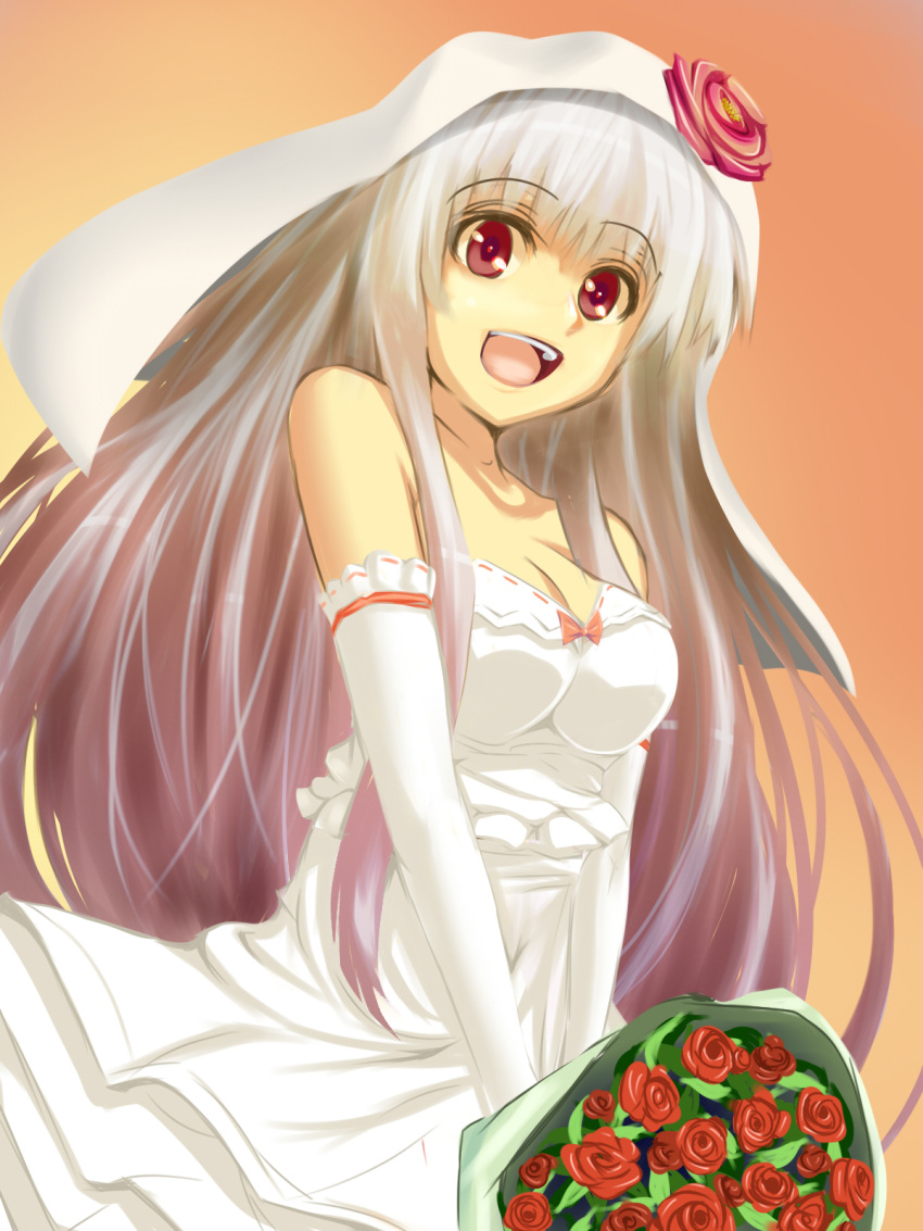 bare_shoulders, bouquet, bridal_veil, dress, elbow_gloves, flower, fujiwara_no_mokou, fukunaga_kazuhiro
