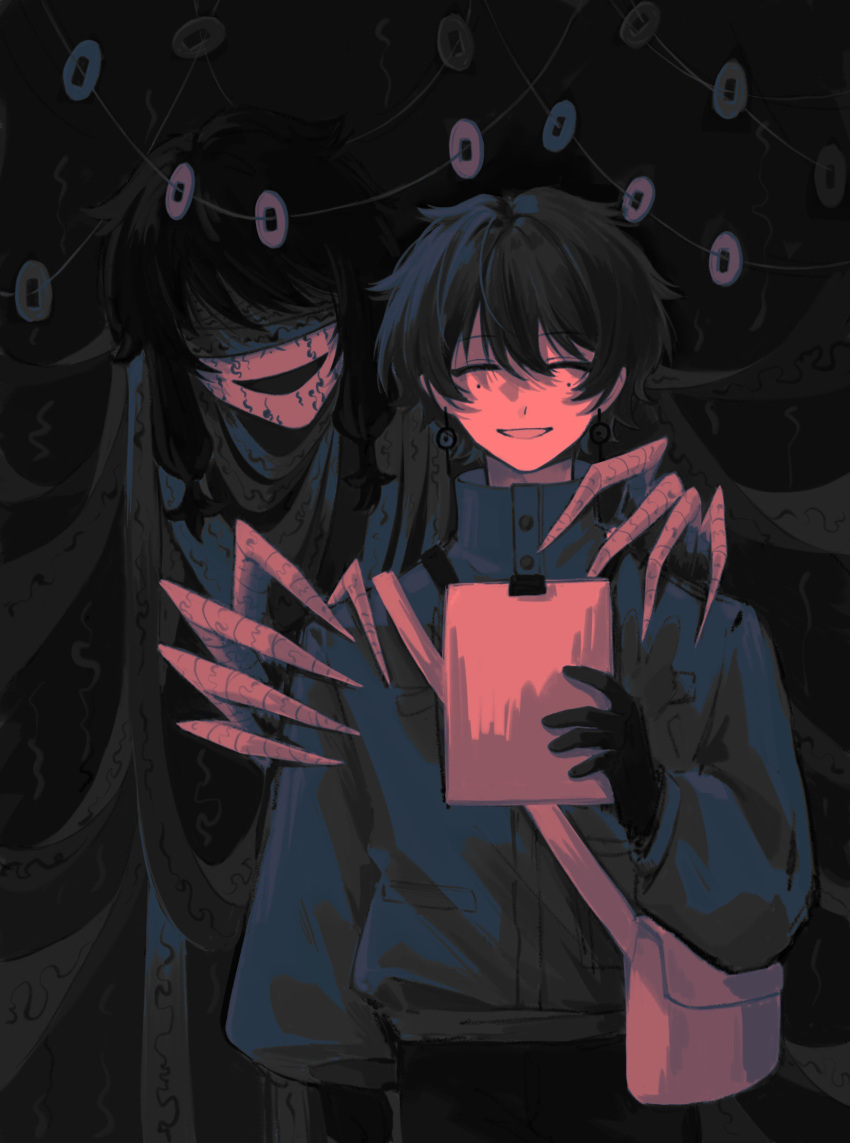 2boys, bag, chinese_commentary, claws, closed_eyes, coin, coin_on_string, commentary_request, cowboy_shot, facial_tattoo, gloves, guisi853, high_collar, highres, holed_coin, horror_(theme), jacket, li_yuting_(male), male_focus, messenger_bag, mole, mole_under_each_eye, mole_under_eye, multiple_boys, multiple_moles, open_mouth, partially_colored, shoulder_bag, smile, tattoo, touqi_guaitan, ziche_fuzhao