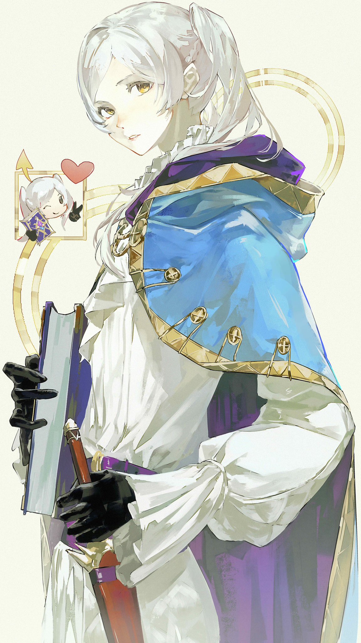 1girl, arrow_(symbol), black_gloves, blue_cape, book, cape, chibi, chibi_inset