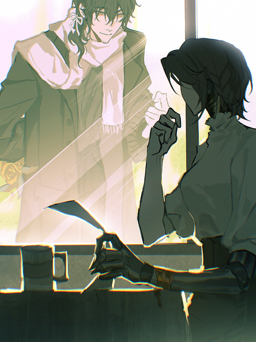 1boy, 1girl, android, arm_behind_back, backlighting, black_coat, coat, cup