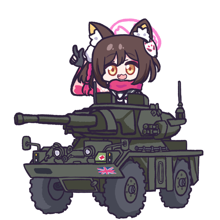 1girl, absurdres, animal_ears, armored_car, blue_archive, brown_hair, cannon, chibi