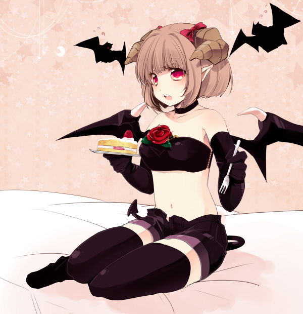 bare_shoulders, bat, bat_wings, black_legwear, black_thighhighs, bow, brown_hair, cake, choker, demon_girl, demon_tail, demon_wings, elbow_gloves, flower, food, fork, gloves, hair_bow, horns, midriff, navel, nozomu144, original, pointy_ears, red_eyes, red_rose, rose, short_hair, short_shorts, shorts, sitting, solo, star, strapless, tail, thigh-highs, thighhighs, tubetop, wings