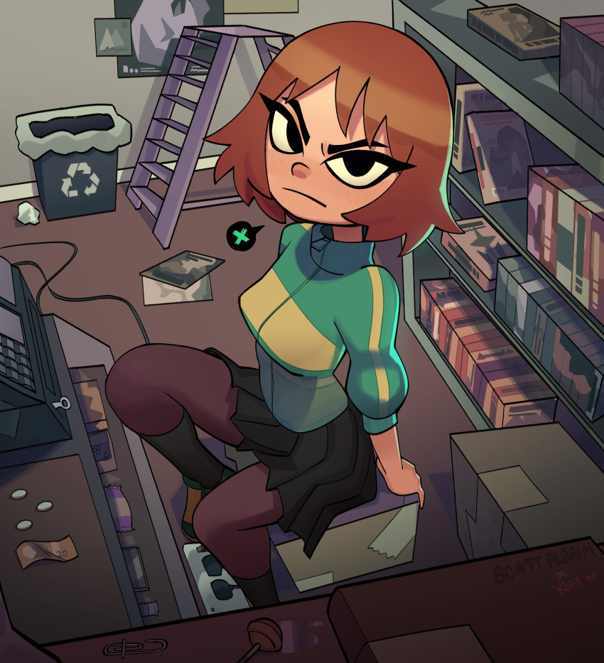 1girl, absurdres, angry, arm_support, arms_behind_back, arrow_(symbol), banknote, black_eyes, black_skirt, black_socks, bob_cut, box, breasts, candy, cardboard_box, cash_register, character_name, closed_mouth, coin, commentary, copyright_name, counter, crumpled_paper, english_commentary, eyelashes, fattcactus, food, from_above, from_side, frown, green_footwear, green_jacket, heart, highres, jacket, kim_pine, kneehighs, ladder, lollipop, looking_at_viewer, looking_to_the_side, looking_up, medium_breasts, messy_room, money, multicolored_clothes, multicolored_jacket, on_box, pantyhose, paperclip, pleated_skirt, poster_(object), purple_pantyhose, recycling_symbol, redhead, scott_pilgrim_(series), shelf, shoes, shop, single_horizontal_stripe, single_vertical_stripe, sitting, sitting_on_box, skirt, sneakers, socks, solo, speech_bubble, spoken_x, stepladder, track_jacket, trash_bin, two-tone_footwear, two-tone_jacket, v-shaped_eyebrows, yellow_footwear, yellow_jacket