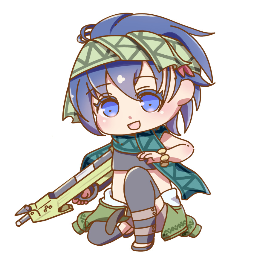 1girl, :d, alternate_skin_color, blue_eyes, blue_hair, chibi, chibi_only, colored_eyelashes, commentary_request, eiyuu_densetsu, feri_al-fayed, full_body, green_headband, green_scarf, gun, headband, highres, holding, holding_gun, holding_weapon, kuro_no_kiseki_(series), kuro_no_kiseki_ii, looking_at_viewer, momoiro_sango, scarf, simple_background, smile, solo, weapon, white_background