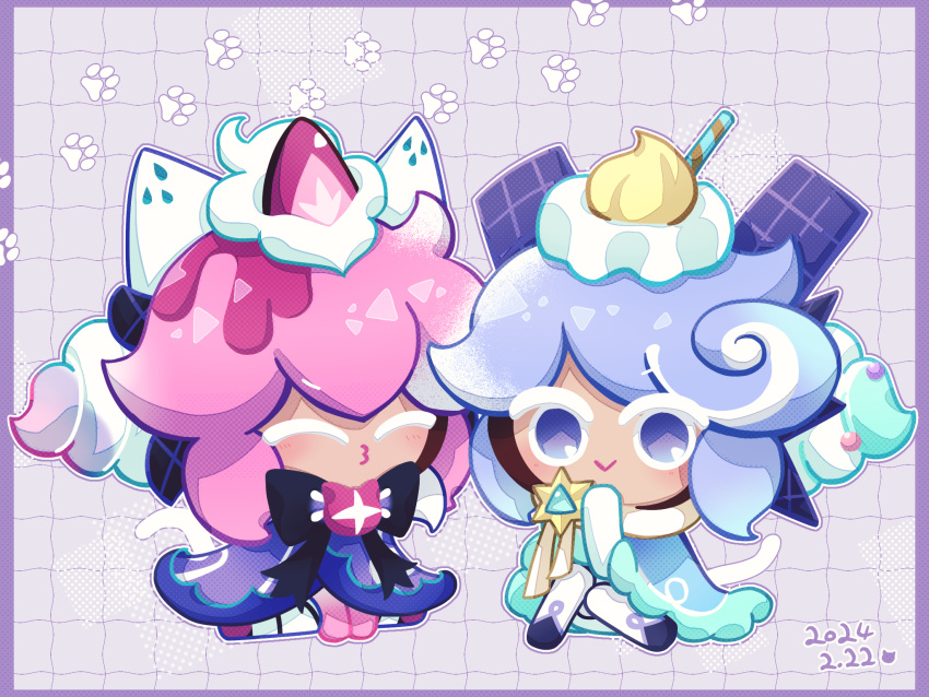 2others, alternate_color, alternate_costume, b4c5ce, black_bow, blue_cape, blue_eyes, blue_hair, blush, bow, cape, chibi, chibi_only, closed_eyes, commentary_request, cookie_run, cookie_run:_kingdom, dual_persona, food, fruit, fur-trimmed_cape, fur_trim, highres, looking_at_viewer, multiple_others, official_alternate_costume, official_style, other_focus, pink_hair, purple_cape, short_hair, sitting, smile, sprinkles, strawberry, strawberry_crepe_cookie, strawberry_crepe_cookie_(yogurt_phantom)