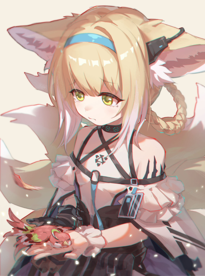 1girl, animal, animal_ear_fluff, animal_ears, arknights, bare_shoulders, bird, blonde_hair