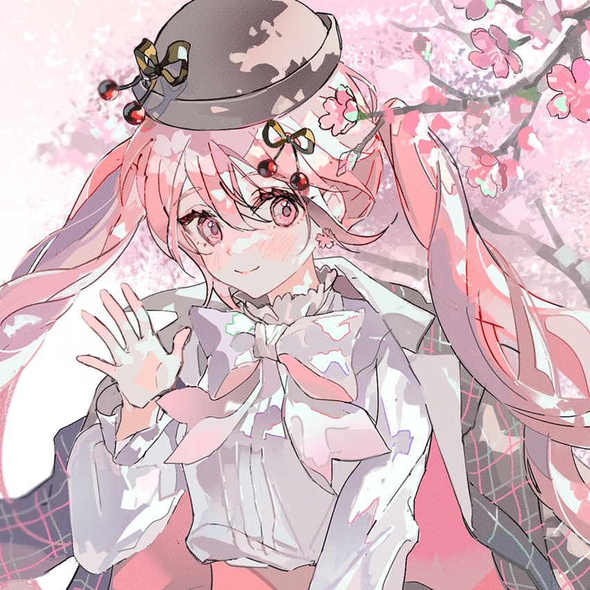1girl, bow, bowler_hat, bowtie, branch, cherry_blossoms, cherry_hair_ornament, cherry_hat_ornament
