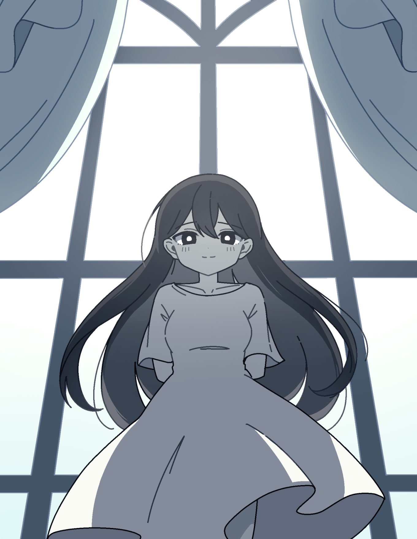 1girl, black_eyes, black_hair, blush, bright_pupils, closed_mouth, colored_skin, curtains