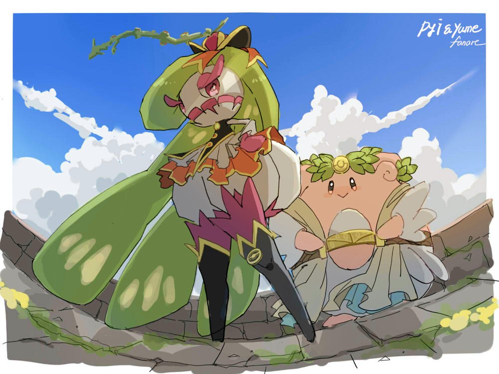 :>, blissey, blue_sky, border, clothed_pokemon, clouds, colored_skin, green_hair
