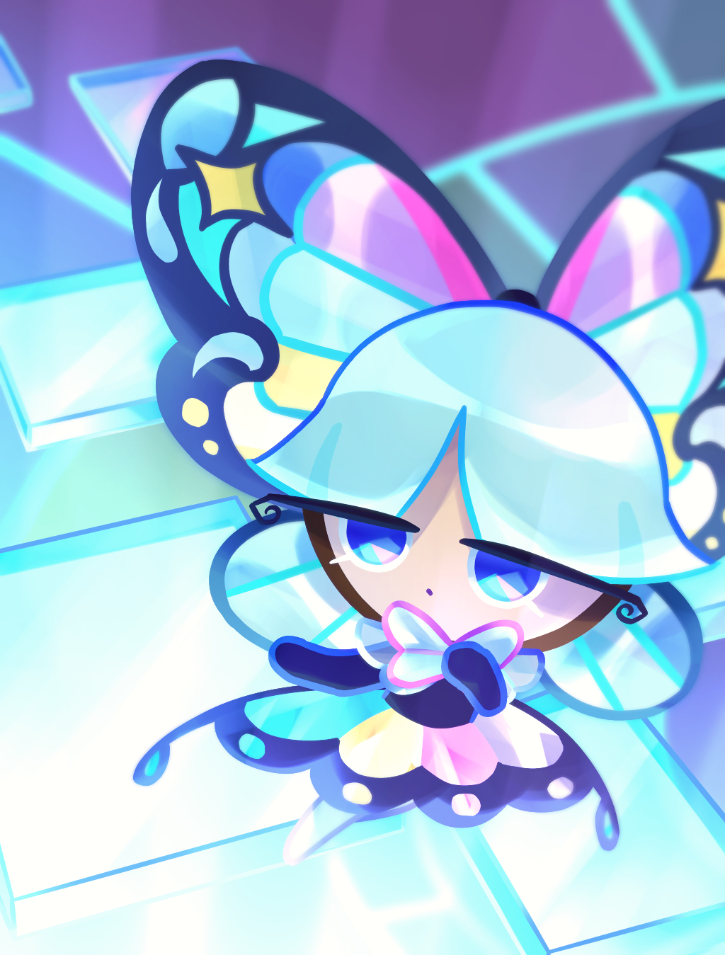 1girl, b4c5ce, blue_eyes, blue_hair, bow, butterfly_wings, chibi, chibi_only