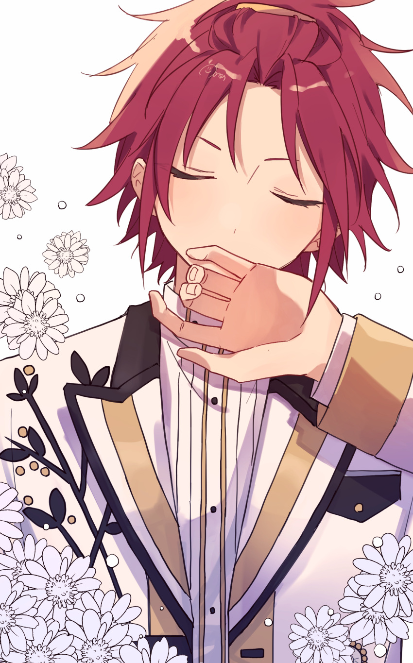 1boy, absurdres, bishounen, black_trim, breast_pocket, closed_eyes, covering_own_mouth, curtained_hair