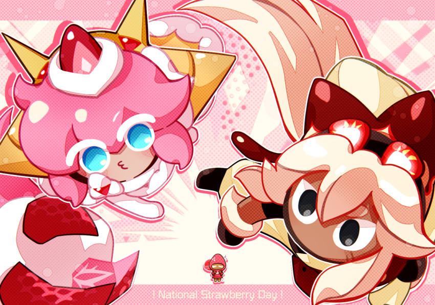1boy, 1girl, 1other, b4c5ce, blue_eyes, candy, cape, chibi