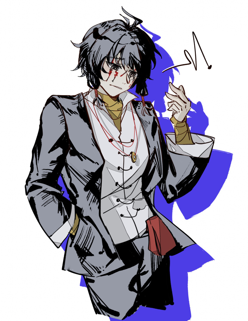 1boy, absurdres, balaluob, bandaged_arm, bandaged_neck, bandages, black_eyes, black_hair