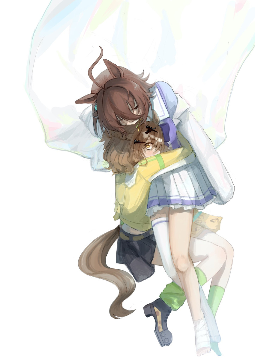 2girls, agnes_tachyon_(umamusume), ahoge, animal_ears, arm_around_waist, bandaged_foot, bandages, black_footwear