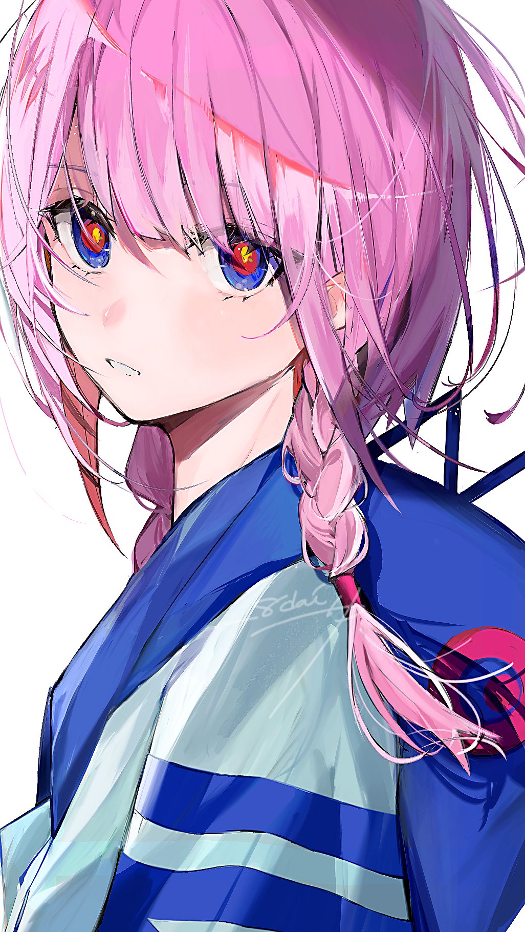 1girl, 8dai, blue_eyes, blue_jacket, braid, commentary, from_side, grey_jacket, hair_tubes, hashtag-only_commentary, highres, hood, hood_down, hooded_jacket, jacket, kaf_(kamitsubaki_studio), kamitsubaki_studio, long_hair, looking_at_viewer, multicolored_clothes, multicolored_eyes, multicolored_jacket, parted_lips, pink_hair, side_braids, signature, simple_background, solo, teeth, upper_body, virtual_youtuber, white_background, yellow_pupils