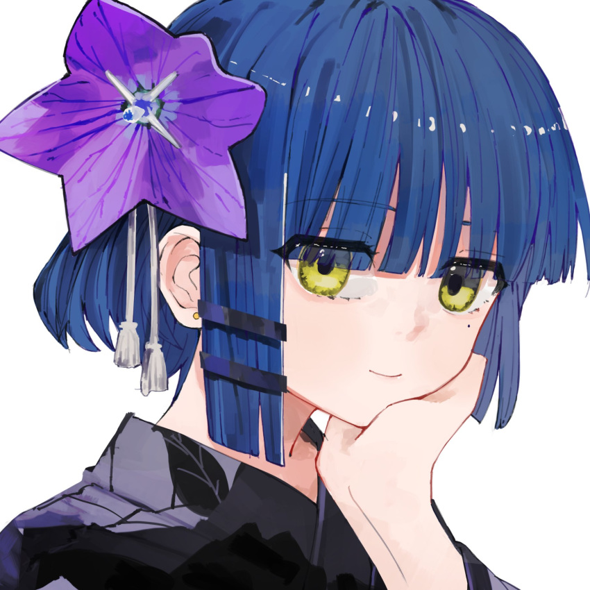 1girl, black_kimono, blue_hair, blunt_bangs, bocchi_the_rock!, closed_mouth, earrings, flower