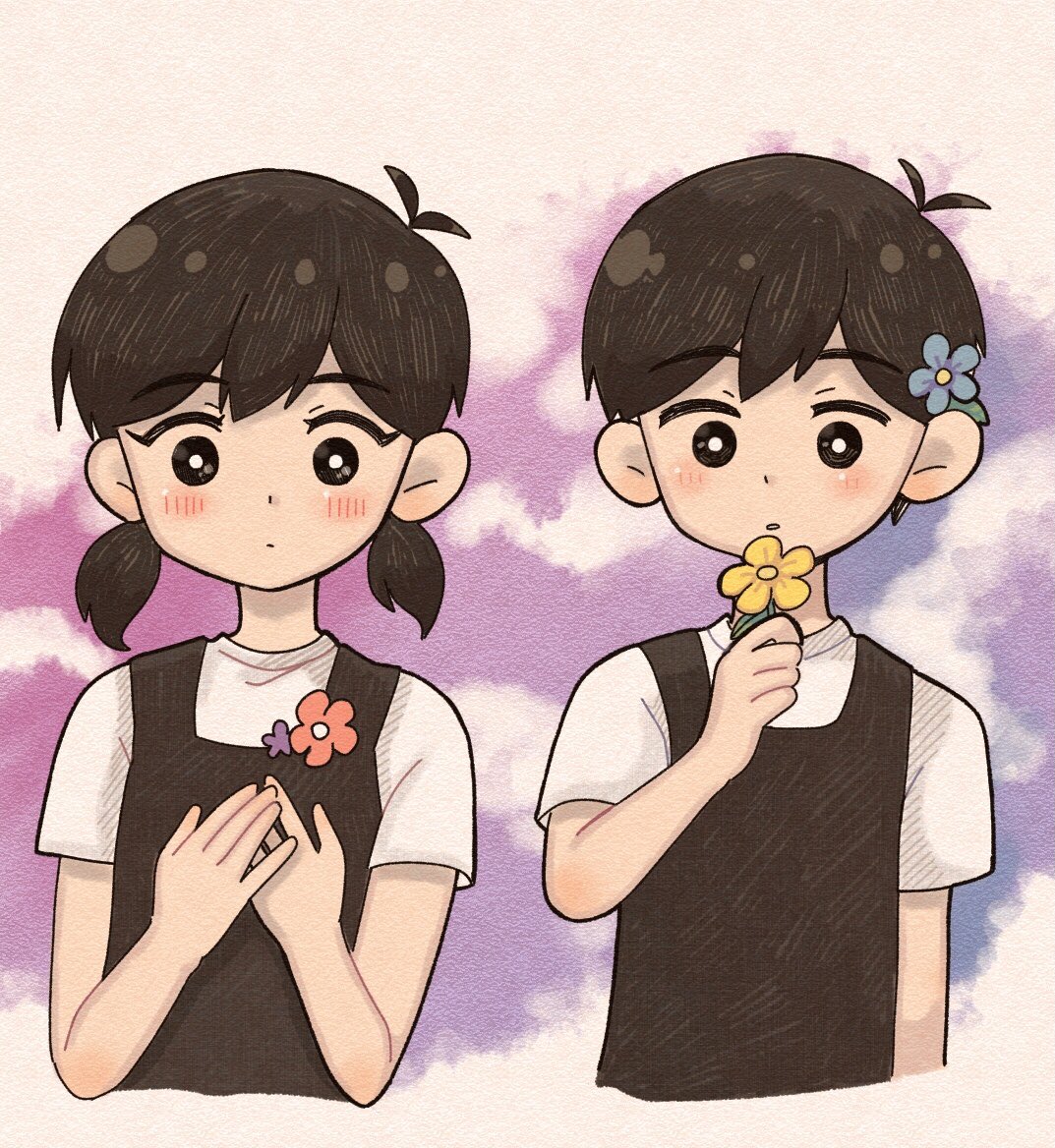 1boy, 1girl, antenna_hair, black_eyes, black_hair, blush, bright_pupils, closed_mouth