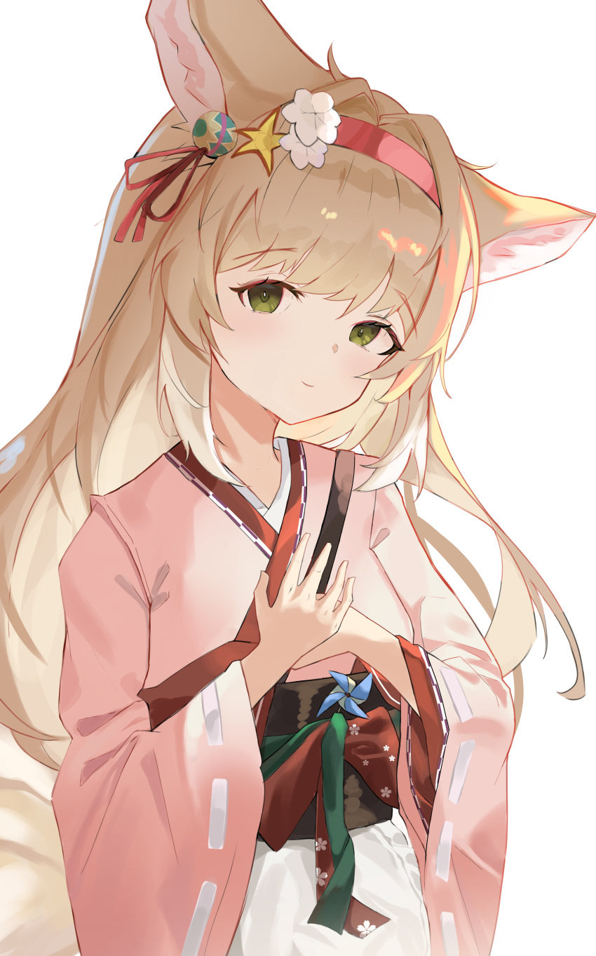 1girl, absurdres, animal_ears, arknights, black_sash, blonde_hair, closed_mouth, commentary, cowboy_shot, floral_print, flower, green_eyes, hair_flower, hair_ornament, hair_ribbon, hairband, hands_on_own_chest, highres, japanese_clothes, kimono, light_smile, long_hair, long_sleeves, looking_at_viewer, mikkan, obi, official_alternate_costume, own_hands_together, pink_hairband, pink_kimono, red_ribbon, ribbon, ribbon-trimmed_sleeves, ribbon_trim, sash, simple_background, solo, standing, suzuran_(arknights), suzuran_(yukibare)_(arknights), white_background, white_flower, wide_sleeves