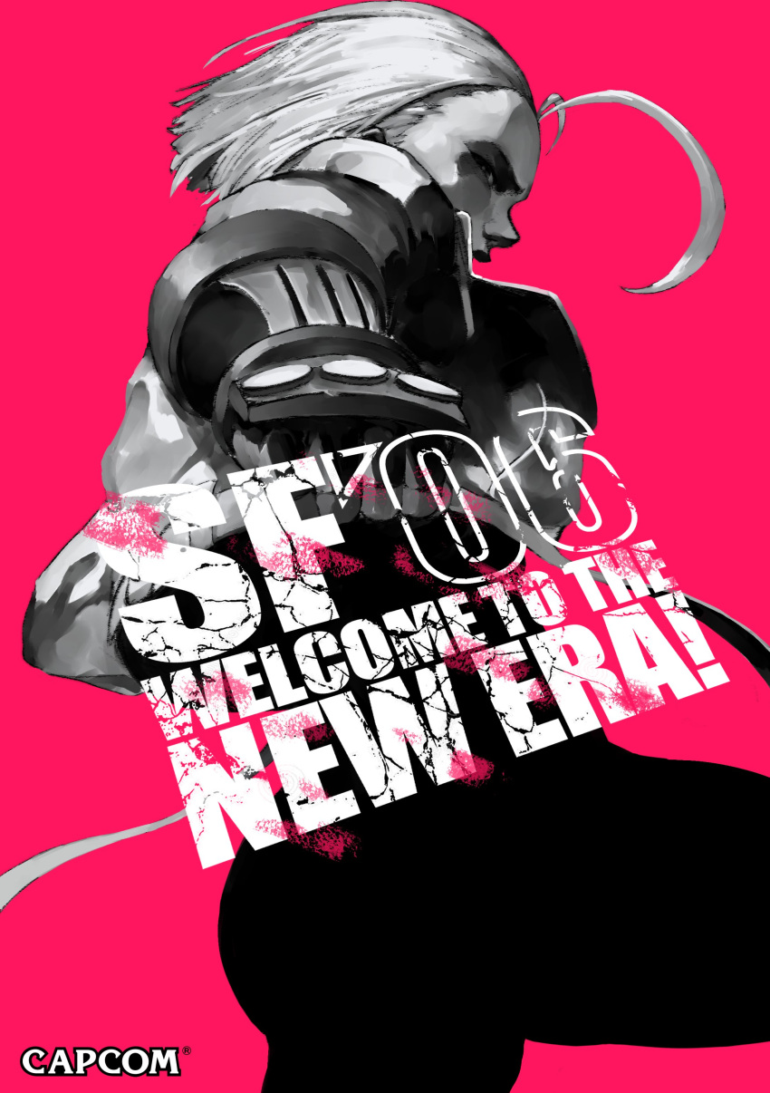 absurdres, armored_gloves, cammy_white, capcom, clenched_hand, copyright_notice, english_commentary, english_text, fingerless_gloves, from_below, gloves, greyscale_with_colored_background, highres, jacket, parody, poster_redraw, short_hair, simple_background, solo, spunkyramaz, street_fighter, street_fighter_6, the_king_of_fighters, the_king_of_fighters_2002, video_game_cover_redraw